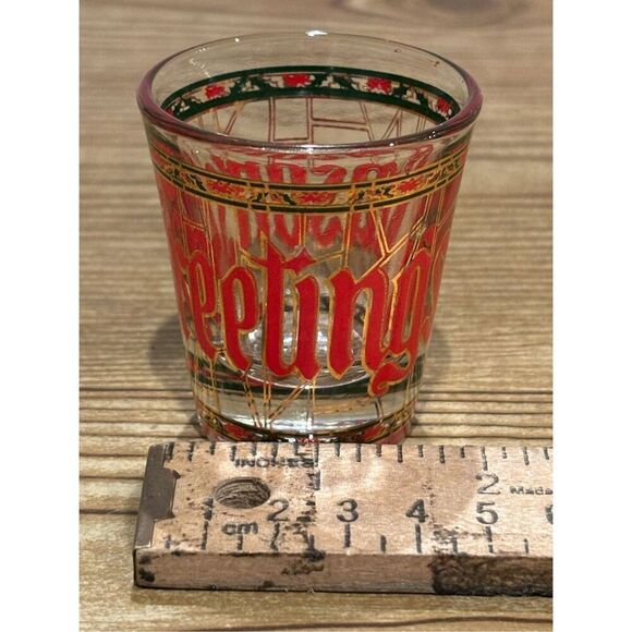 Seasons Greetings Stained Glass Christmas Shot Glass -Holly/Poinsettias/Gold Rim - Picture 5 of 6
